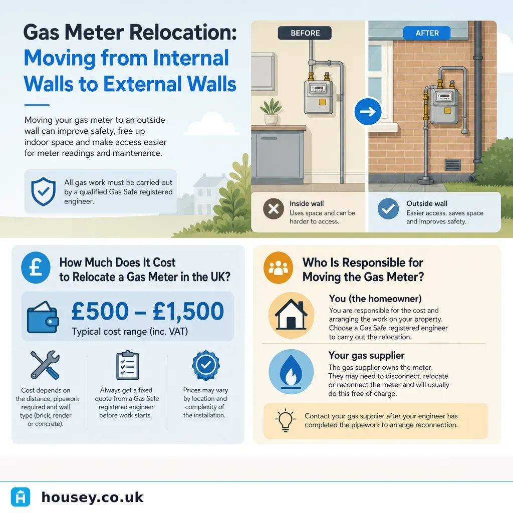 Infographic illustrating: Gas Meter Relocation: Moving from Internal Walls to External Walls