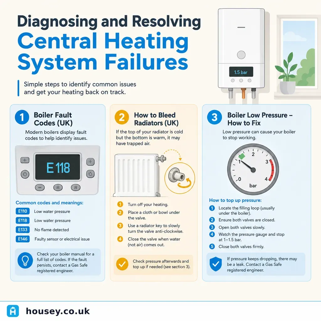 Infographic illustrating: Diagnosing and Resolving Central Heating System Failures