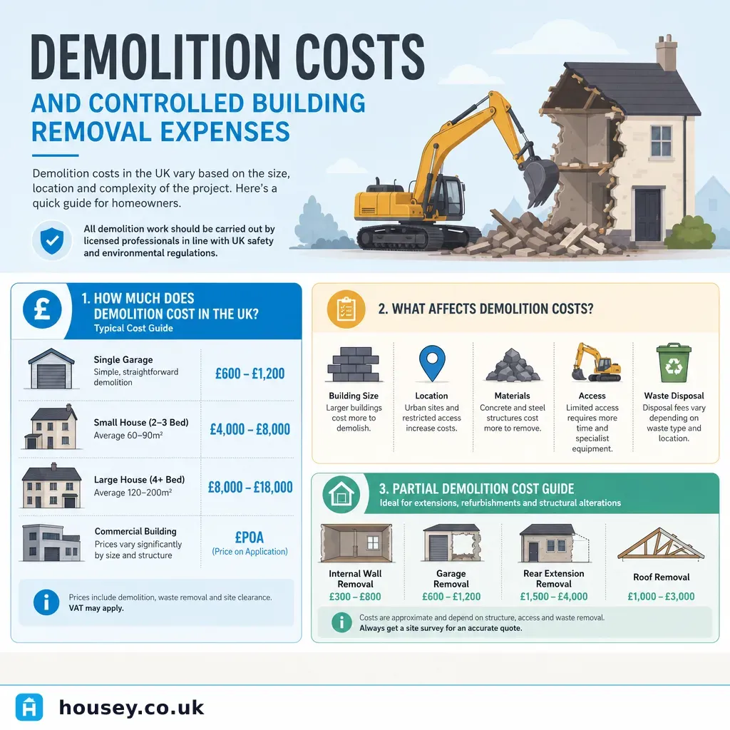 Infographic illustrating: Demolition Costs and Controlled Building Removal Expenses