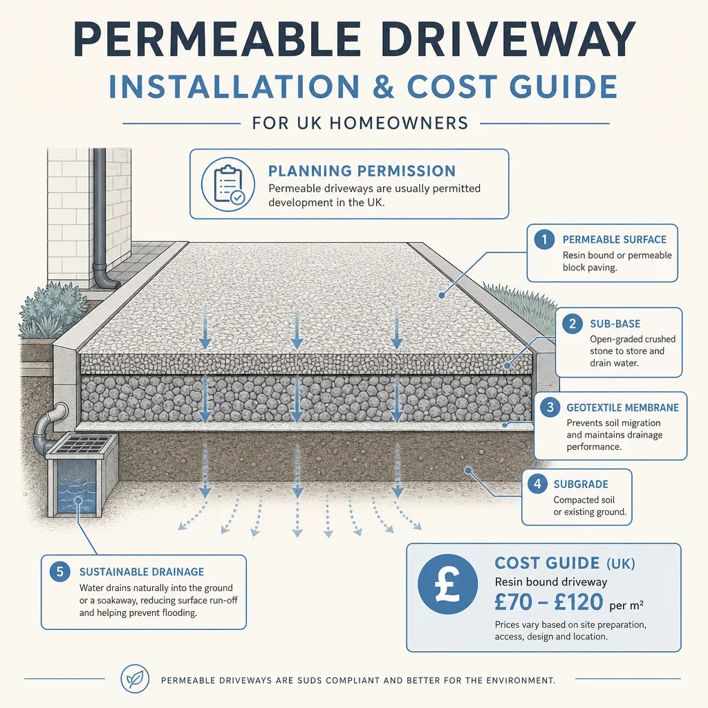 Diagram illustrating: Permeable Driveway Installation and Cost Guide