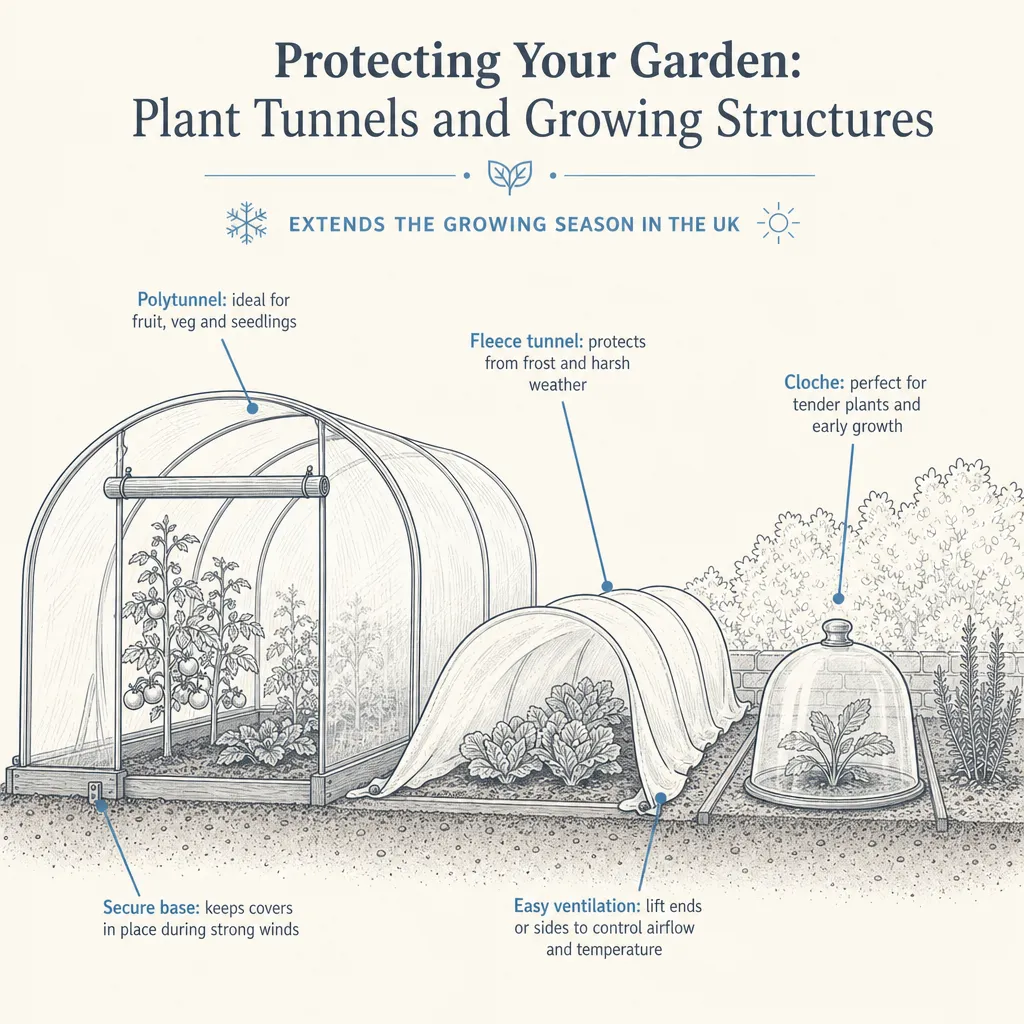 Diagram illustrating: Protecting Your Garden: Plant Tunnels and Growing Structures