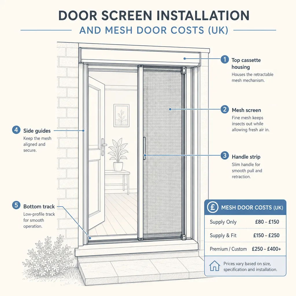 Diagram illustrating: Door Screen Installation and Mesh Door Costs