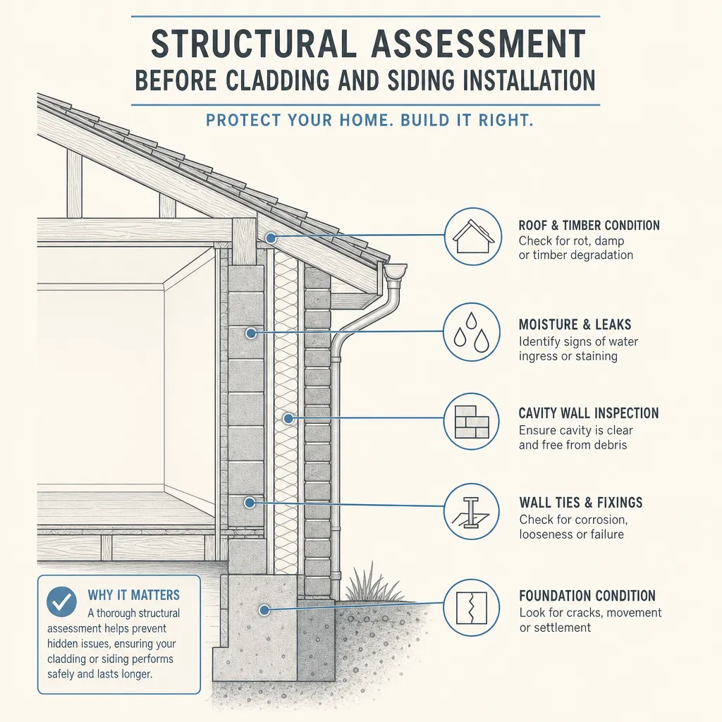 Diagram illustrating: Structural Assessment Before Cladding and Siding Installation