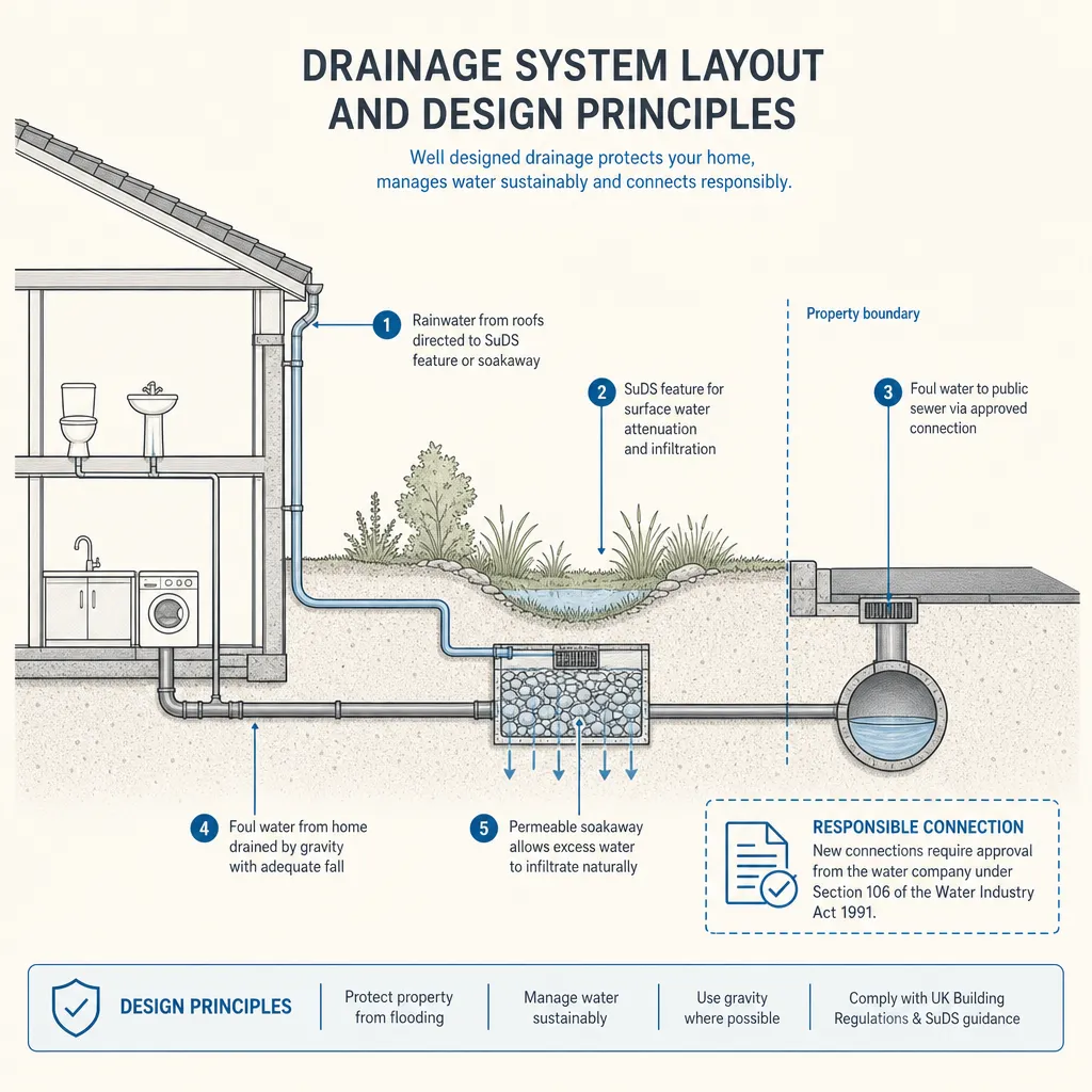 Diagram illustrating: Drainage System Layout and Design Principles