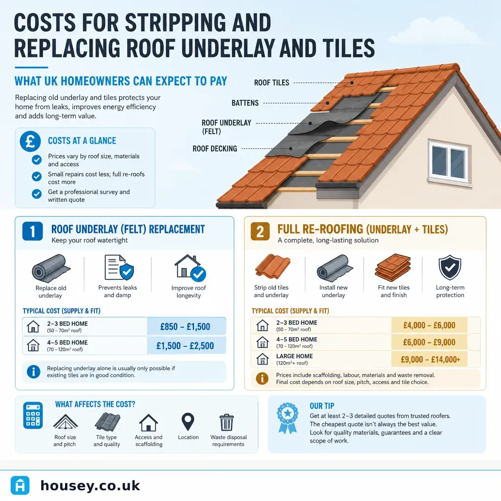 Infographic illustrating: Costs for Stripping and Replacing Roof Underlay and Tiles