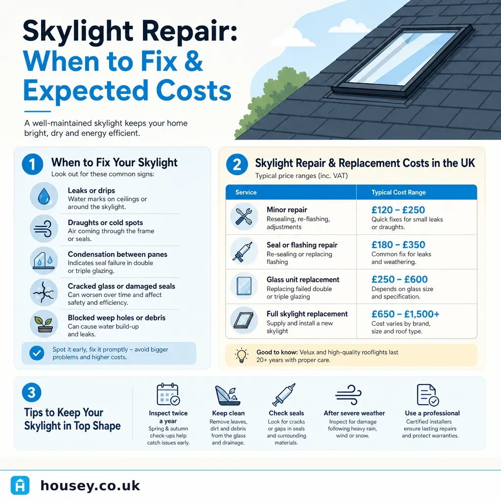 Infographic illustrating: Skylight repair: when to fix and expected costs