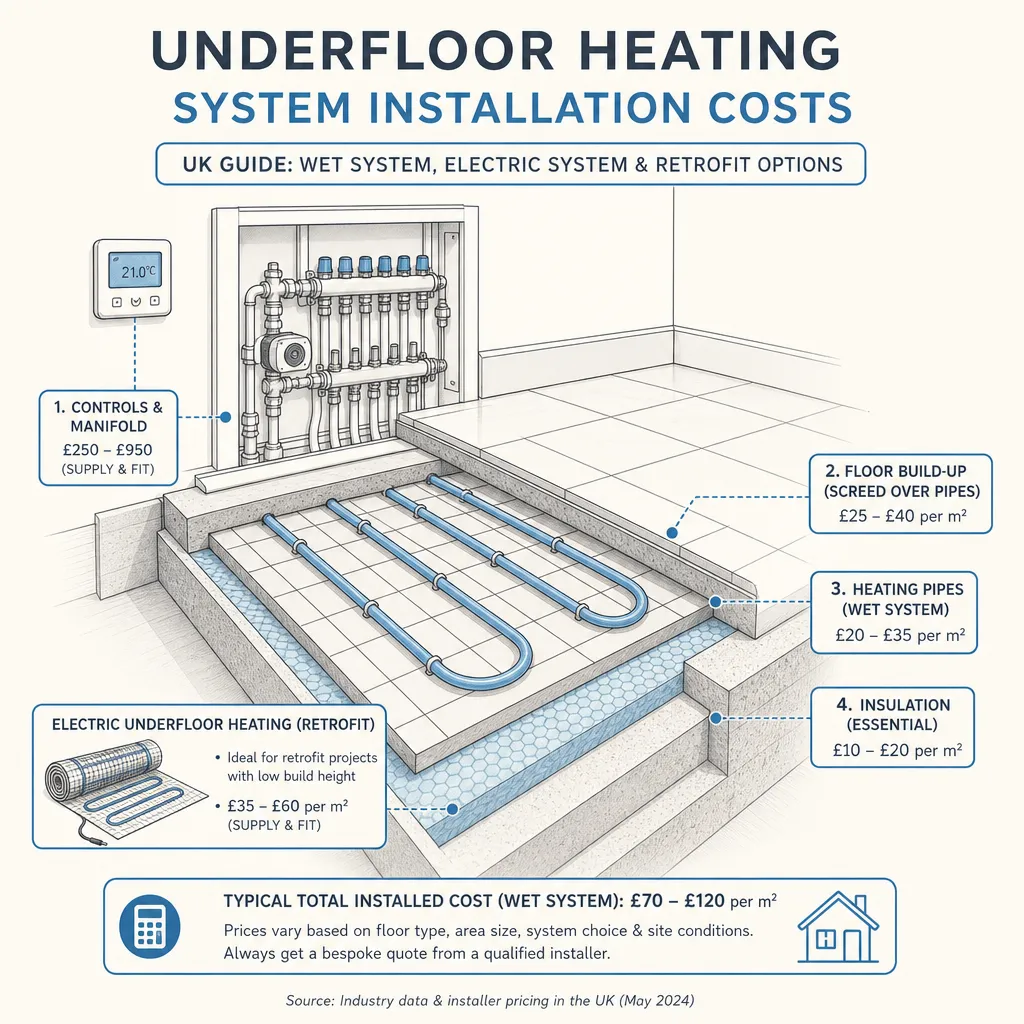 Diagram illustrating: Underfloor Heating System Installation Costs