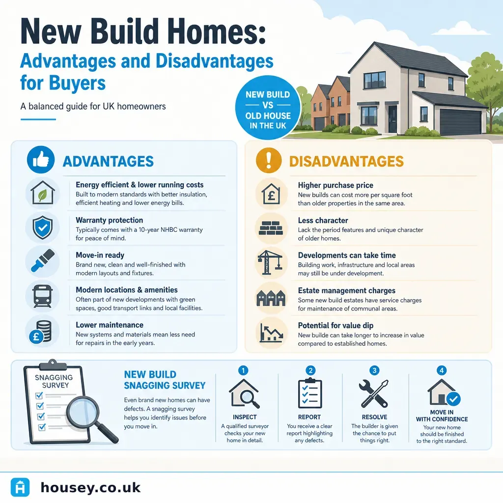 Infographic illustrating: New Build Homes: Advantages and Disadvantages for Buyers