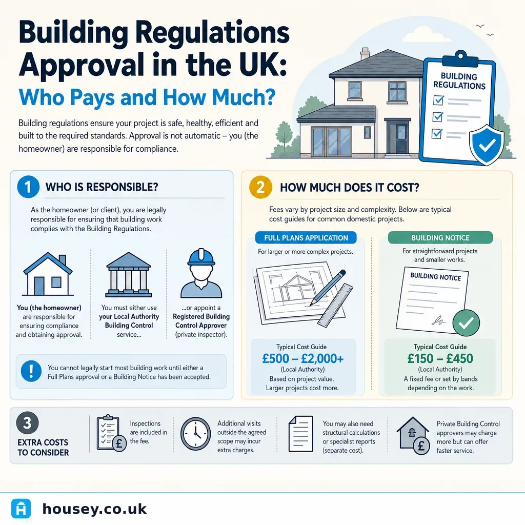 Infographic illustrating: Building Regulations Approval in the UK: Who Pays and How Much?