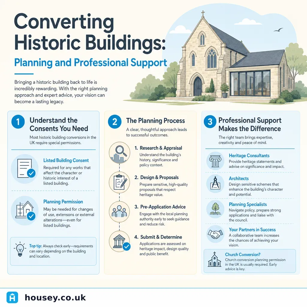 Infographic illustrating: Converting Historic Buildings: Planning and Professional Support