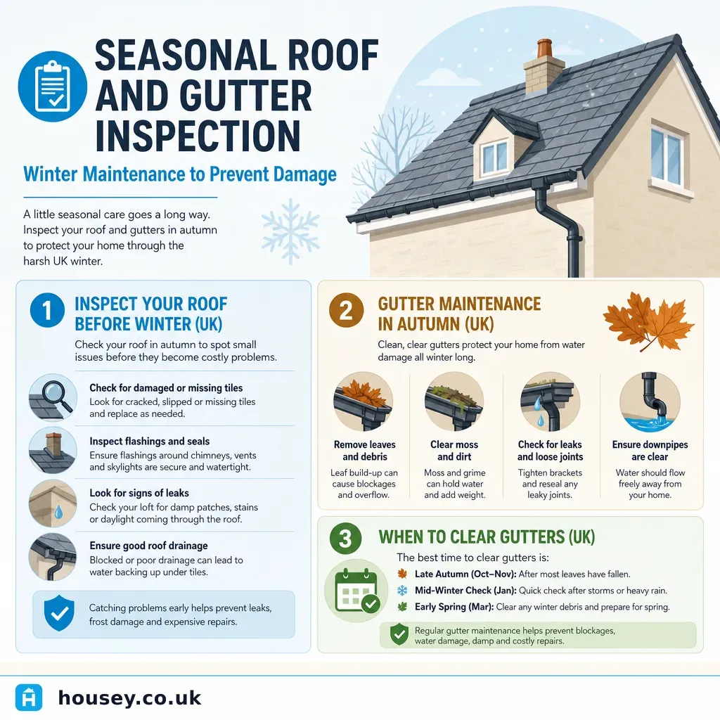 Infographic illustrating: Seasonal Roof and Gutter Inspection: Winter Maintenance to Prevent Damage