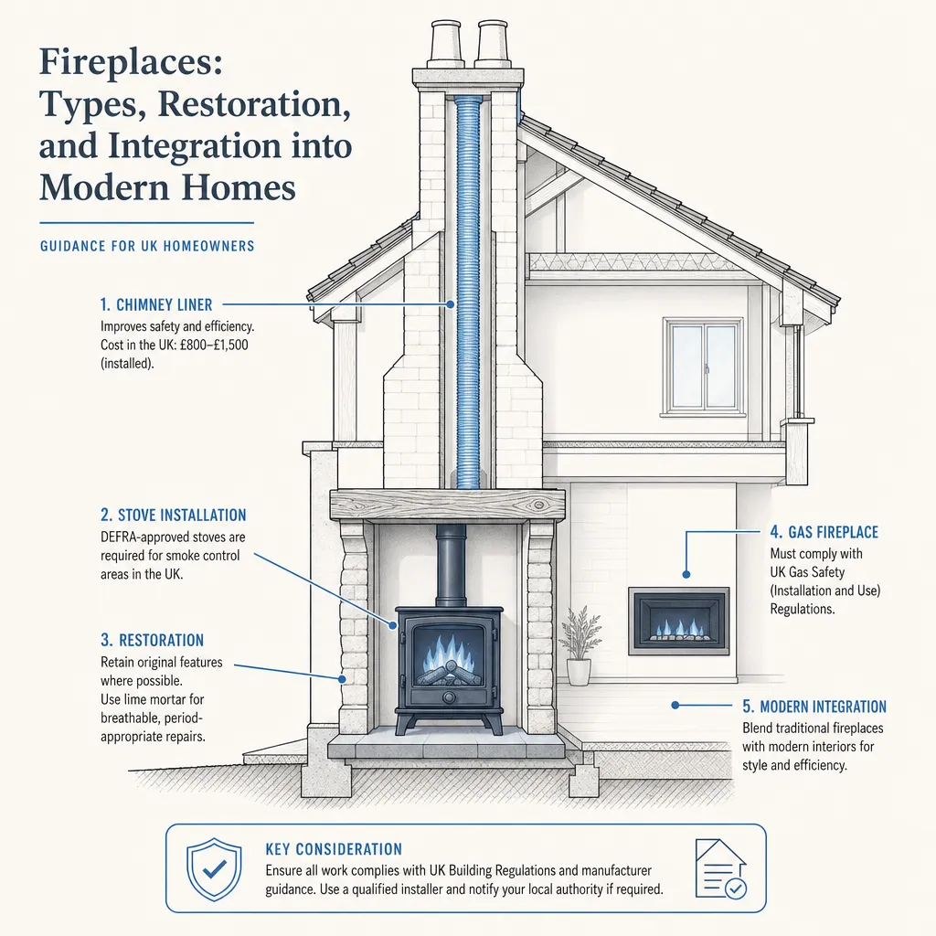 Diagram illustrating: Fireplaces: Types, Restoration, and Integration into Modern Homes