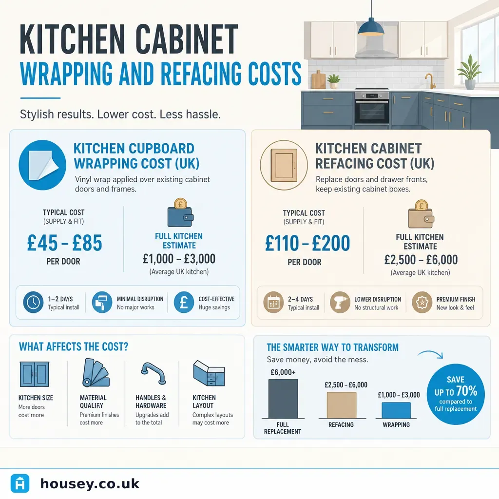 Infographic illustrating: Kitchen Cabinet Wrapping and Refacing Costs
