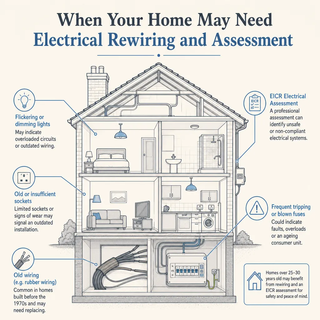 Diagram illustrating: When Your Home May Need Electrical Rewiring and Assessment