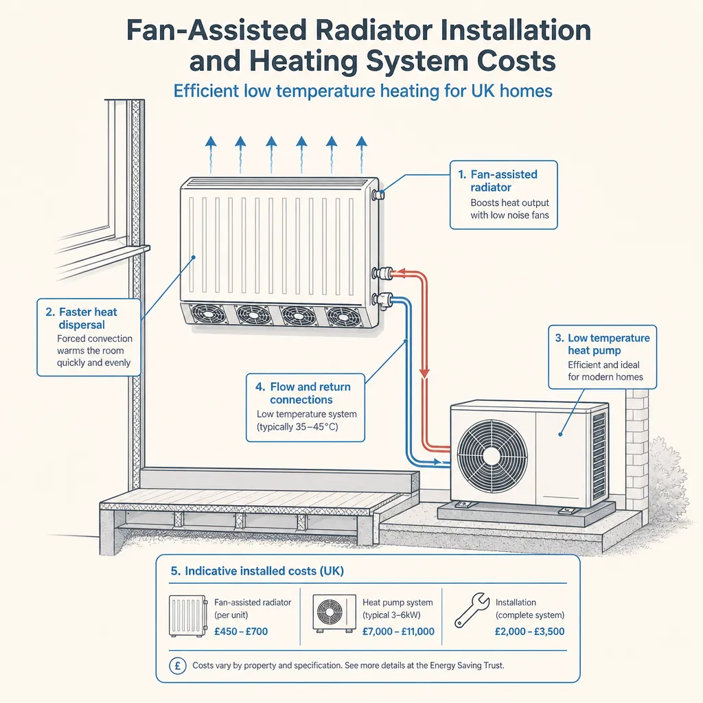Diagram illustrating: Fan-Assisted Radiator Installation and Heating System Costs