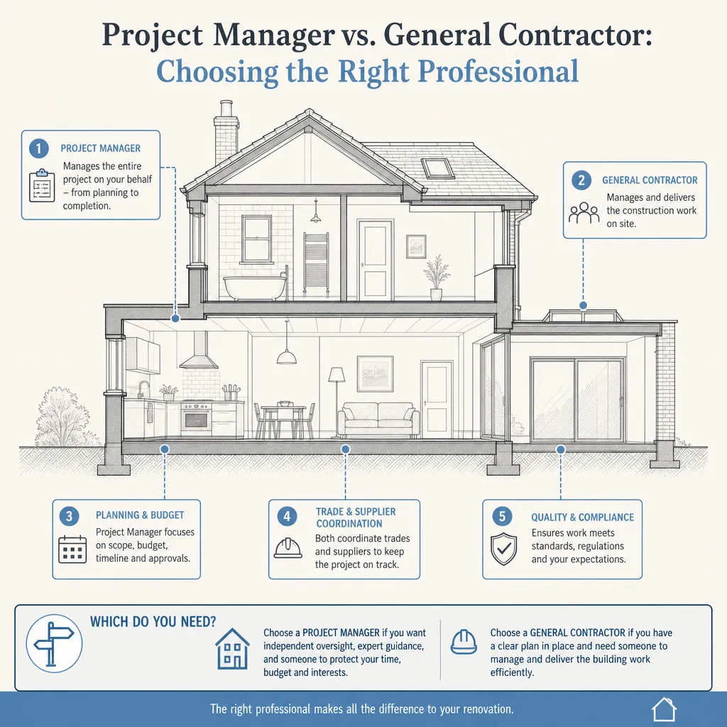 Diagram illustrating: Project Manager vs. General Contractor: Choosing the Right Professional