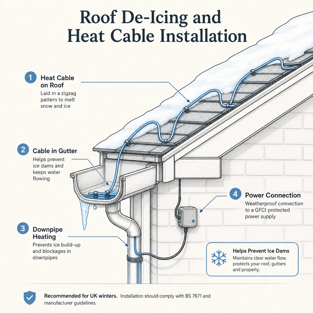 Diagram illustrating: Roof De-Icing and Heat Cable Installation
