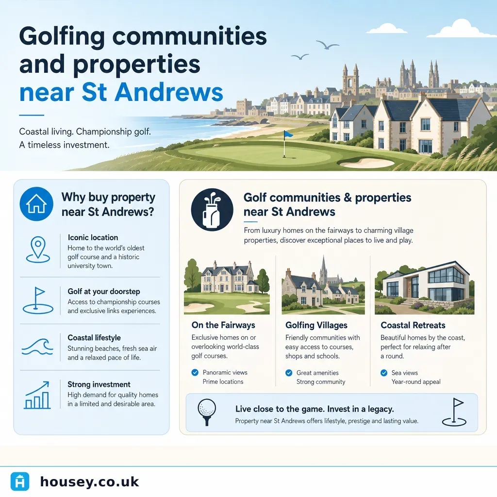 Infographic illustrating: Golfing communities and properties near St Andrews