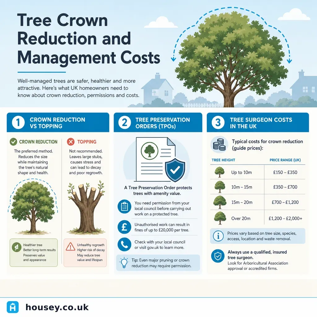 Infographic illustrating: Tree Crown Reduction and Management Costs