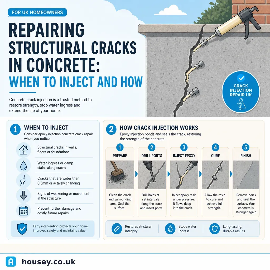 Infographic illustrating: Repairing Structural Cracks in Concrete: When to Inject and How