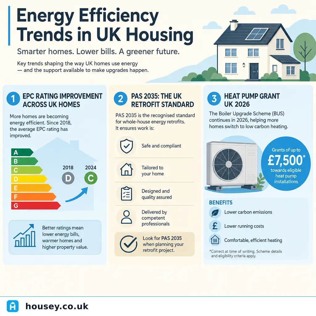 Infographic illustrating: Energy Efficiency Trends in UK Housing