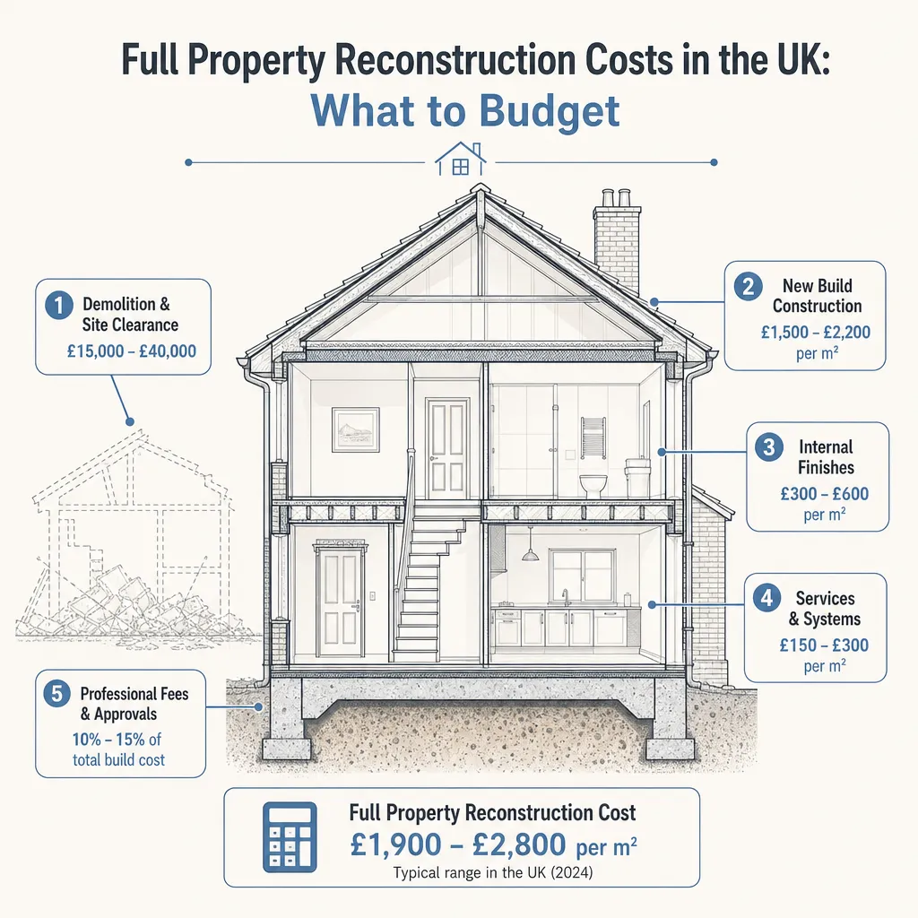 Diagram illustrating: Full Property Reconstruction Costs in the UK: What to Budget