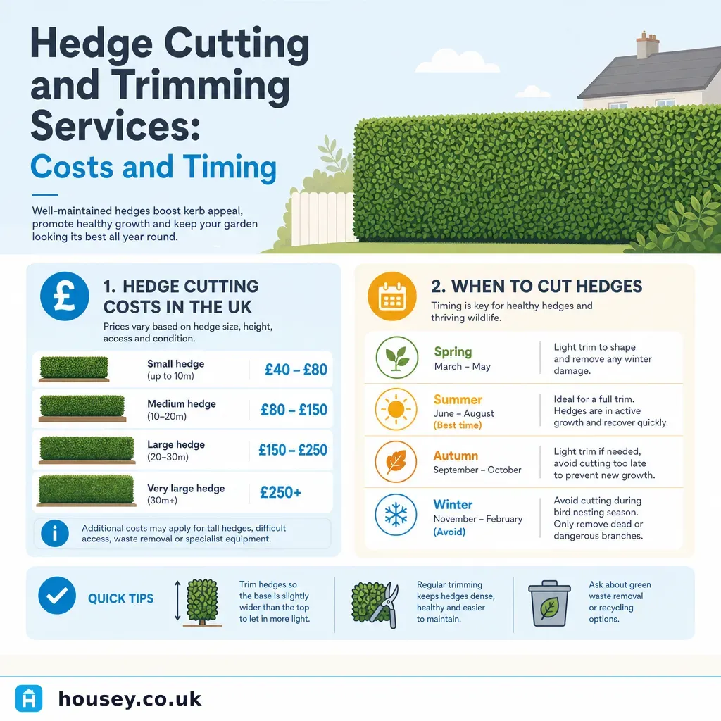 Infographic illustrating: Hedge Cutting and Trimming Services: Costs and Timing