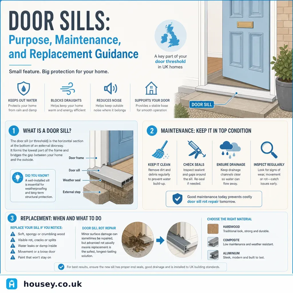Infographic illustrating: Door Sills: Purpose, Maintenance, and Replacement Guidance
