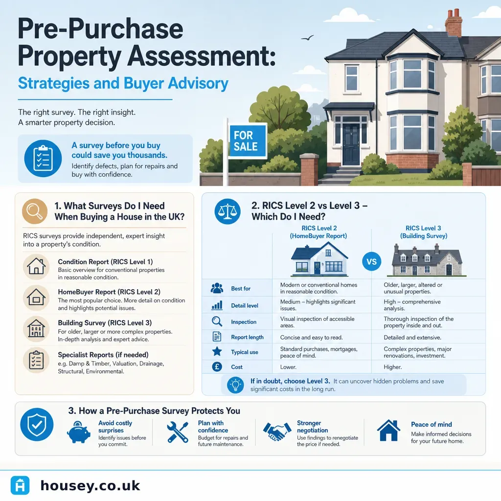 Infographic illustrating: Pre-Purchase Property Assessment: Strategies and Buyer Advisory