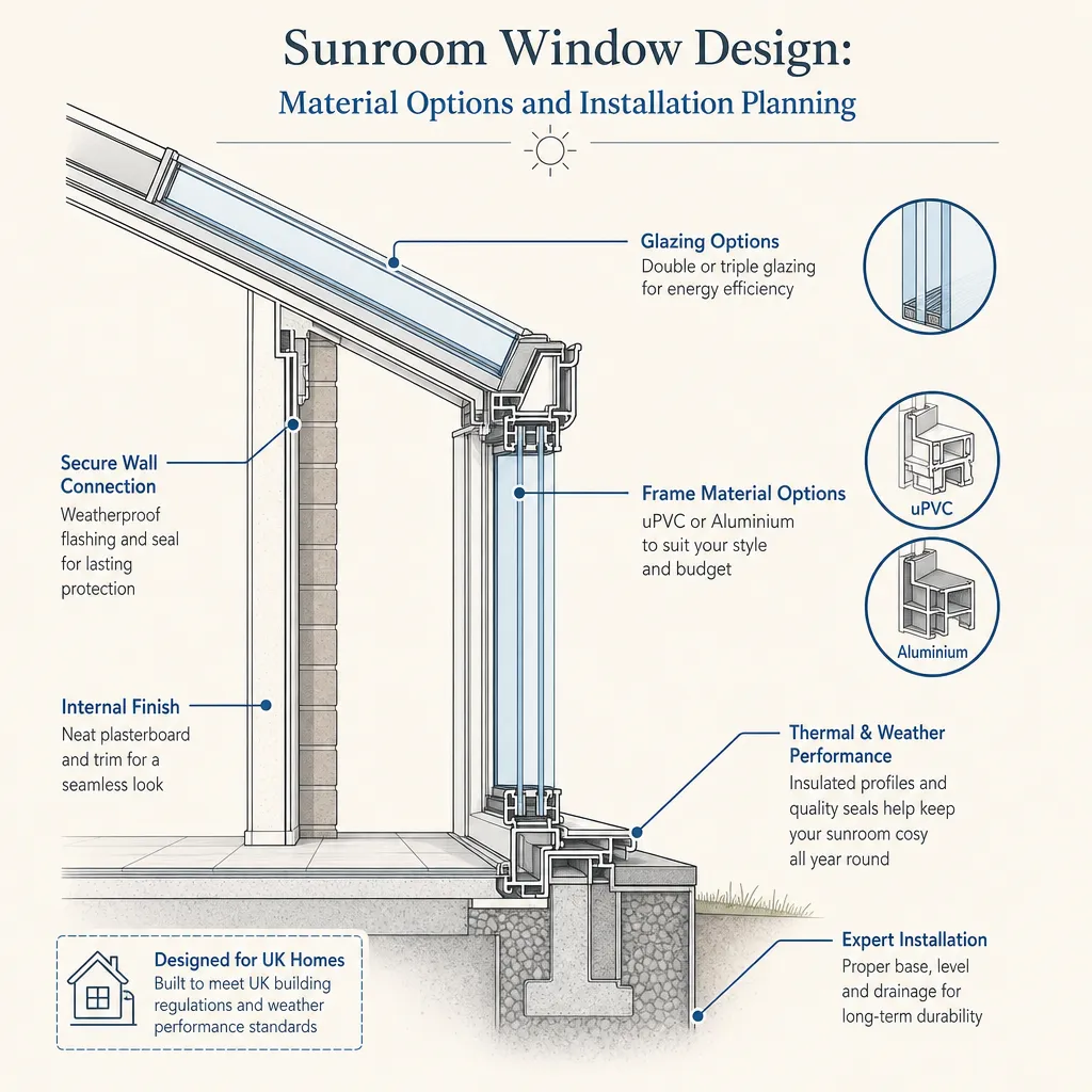Diagram illustrating: Sunroom Window Design: Material Options and Installation Planning
