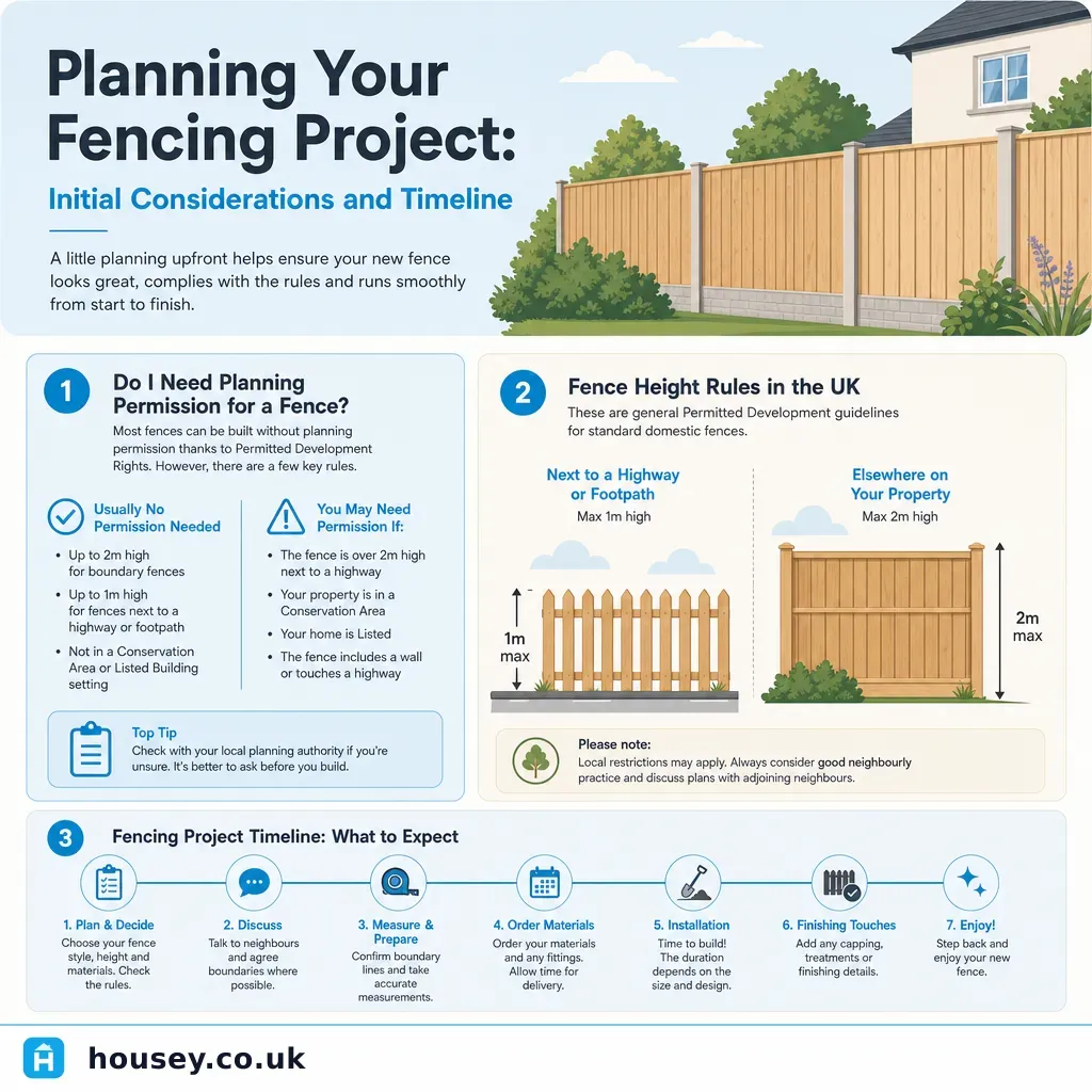 Infographic illustrating: Planning Your Fencing Project: Initial Considerations and Timeline