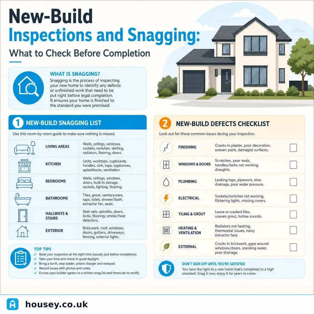 Infographic illustrating: New-Build Inspections and Snagging: What to Check Before Completion