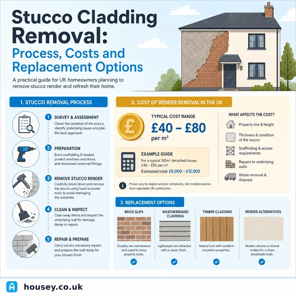 Infographic illustrating: Stucco Cladding Removal: Process, Costs and Replacement Options