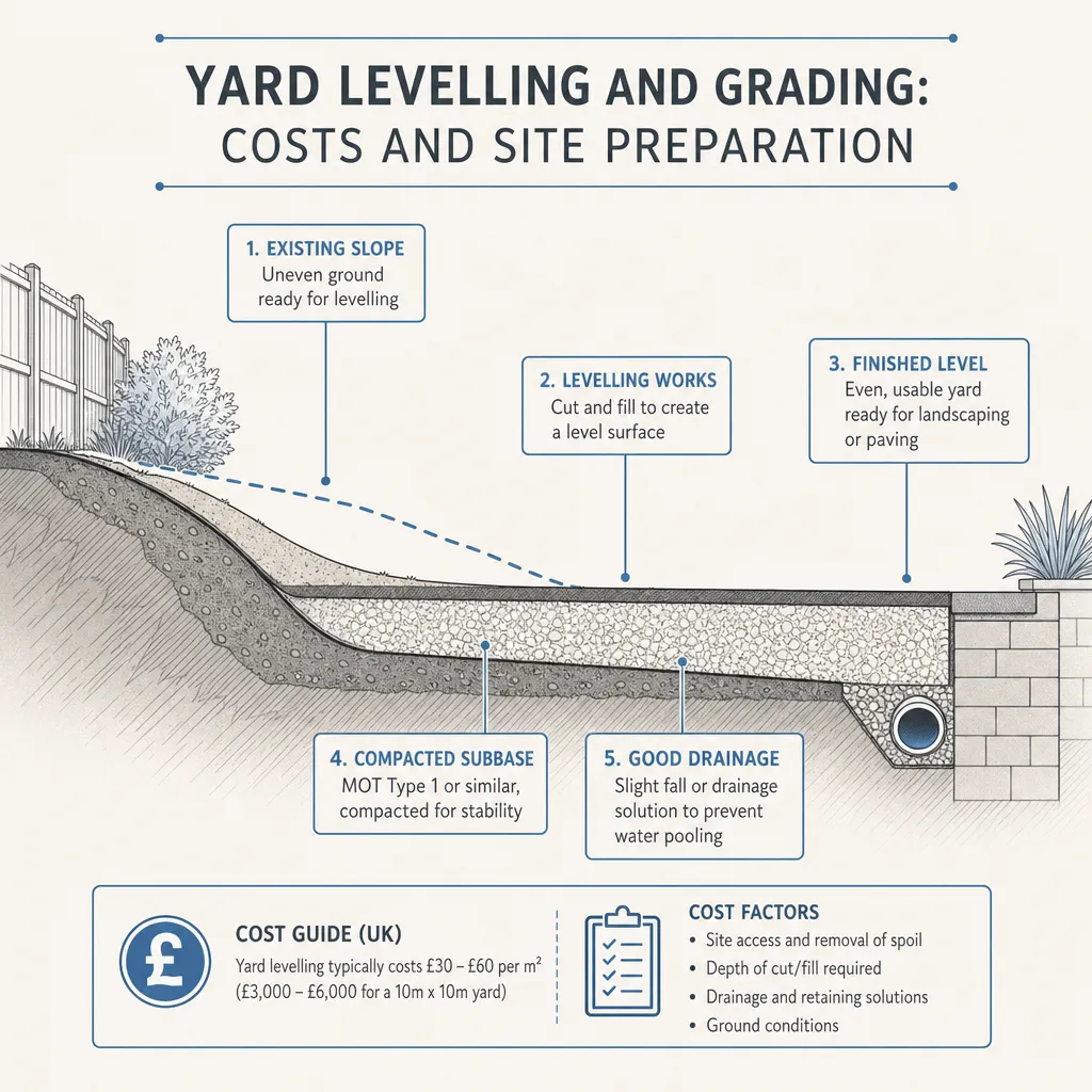 Diagram illustrating: Yard Levelling and Grading: Costs and Site Preparation