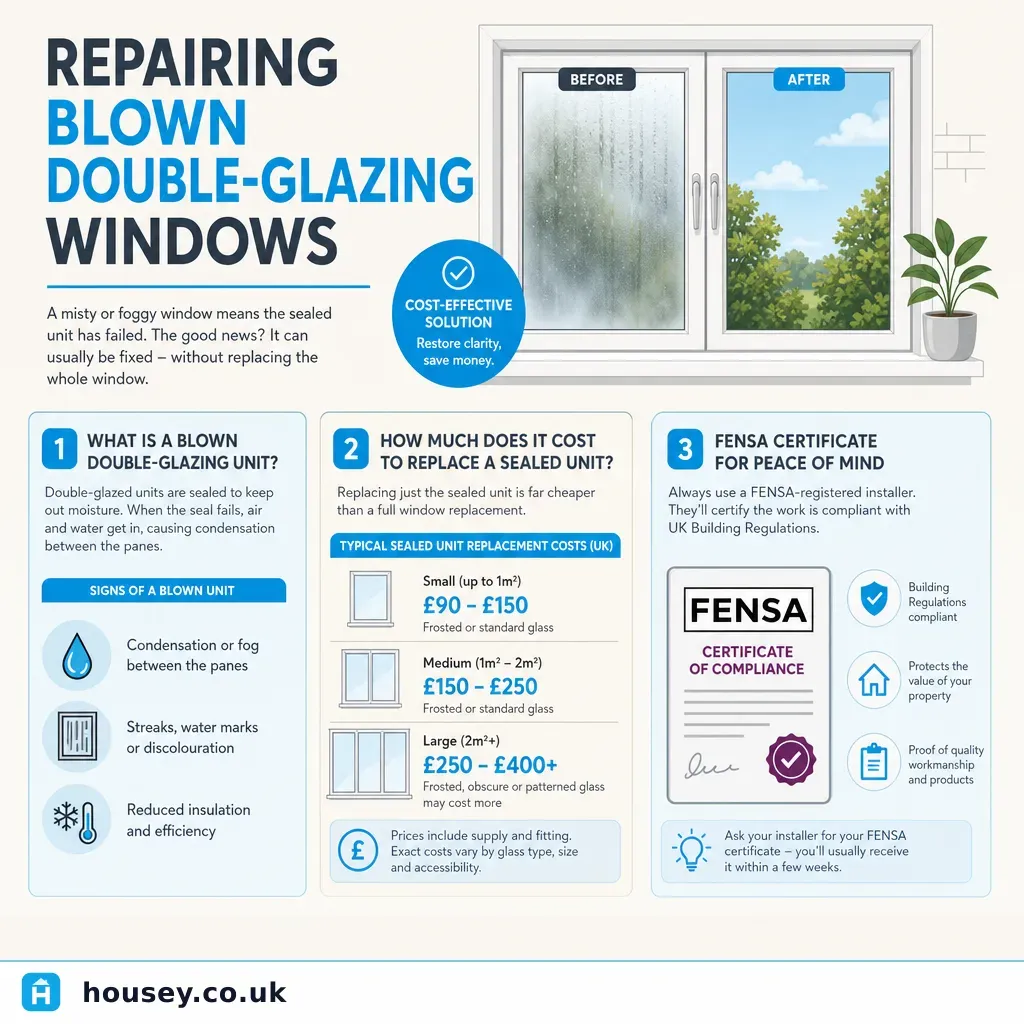 Infographic illustrating: Repairing Blown Double-Glazing Windows