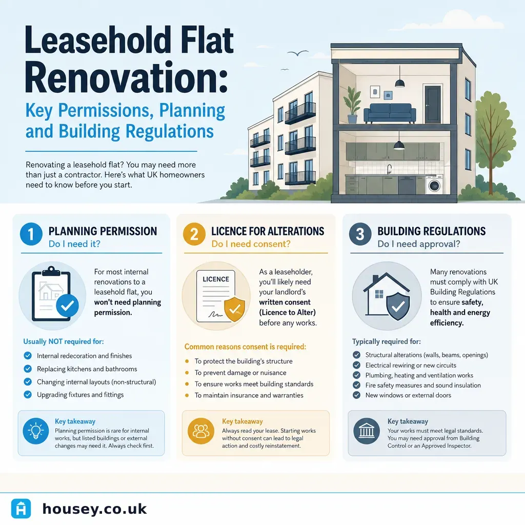 Infographic illustrating: Leasehold Flat Renovation: Key Permissions, Planning and Building Regulations