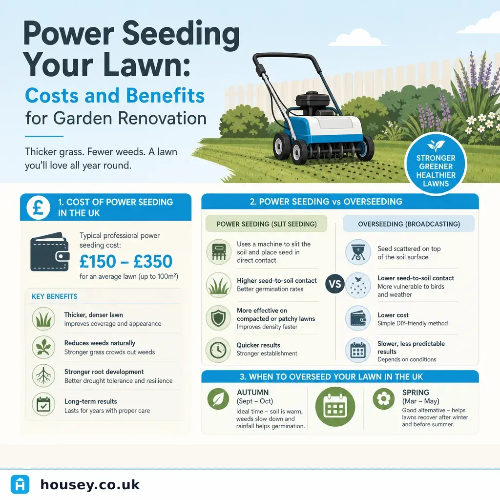Infographic illustrating: Power Seeding Your Lawn: Costs and Benefits for Garden Renovation