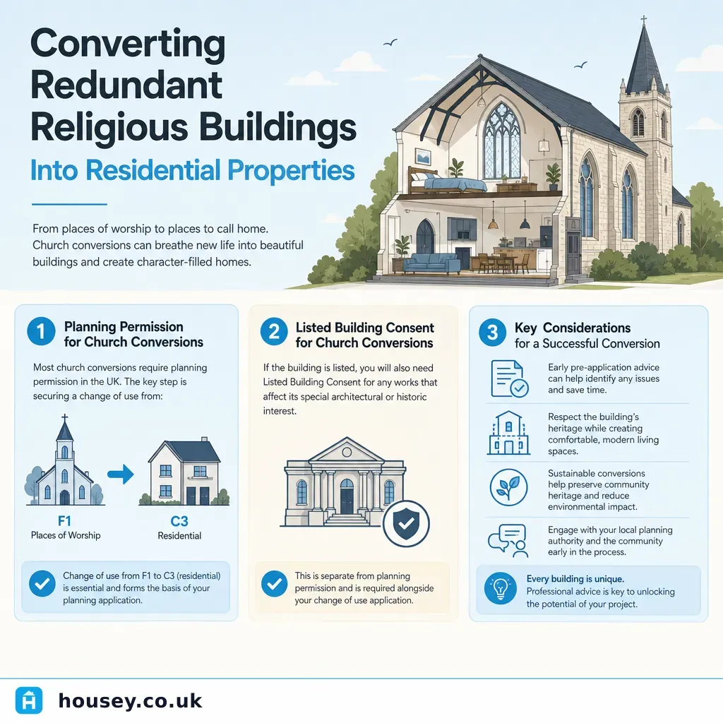 Infographic illustrating: Converting Redundant Religious Buildings Into Residential Properties