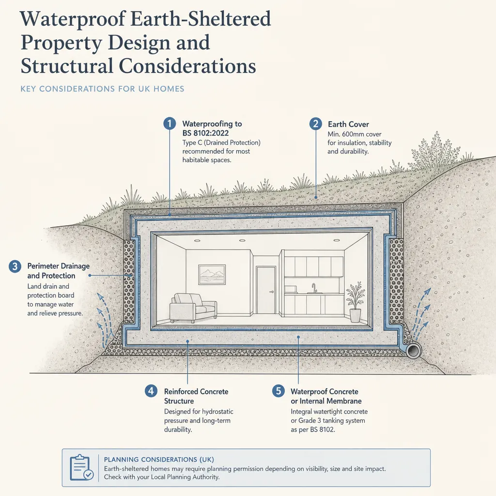 Diagram illustrating: Waterproof Earth-Sheltered Property Design and Structural Considerations