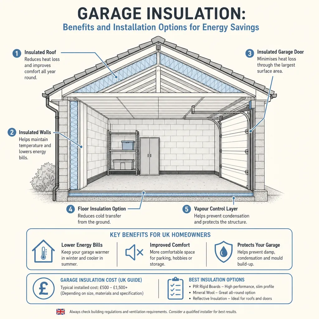 Diagram illustrating: Garage Insulation: Benefits and Installation Options for Energy Savings