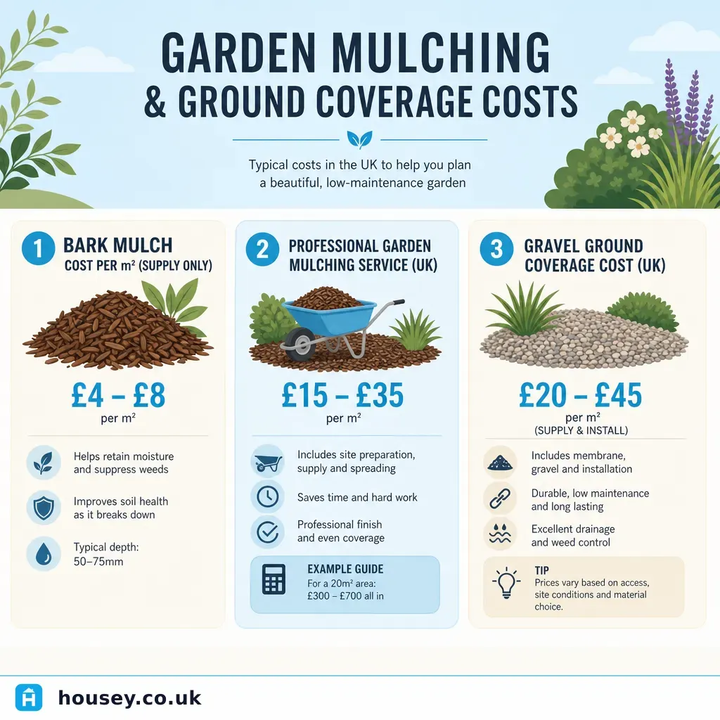 Infographic illustrating: Garden Mulching and Ground Coverage Costs