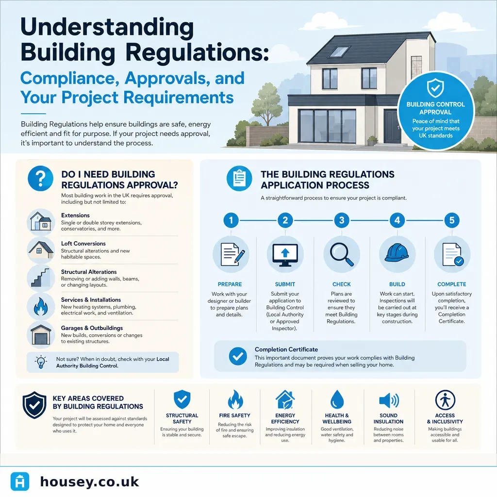 Infographic illustrating: Understanding Building Regulations: Compliance, Approvals, and Your Project Requirements