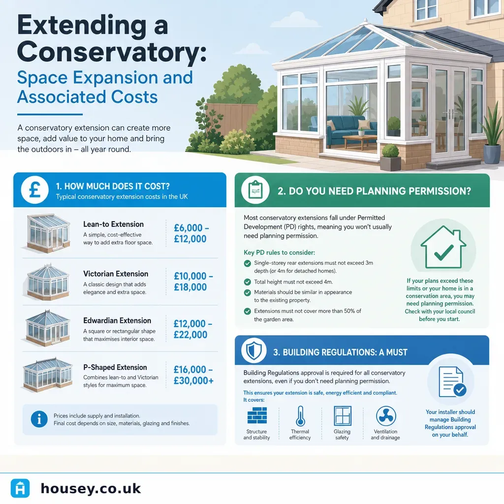Infographic illustrating: Extending a Conservatory: Space Expansion and Associated Costs