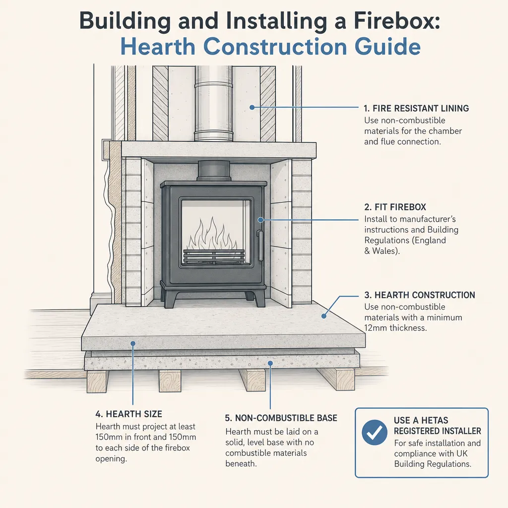Diagram illustrating: Building and Installing a Firebox: Hearth Construction Guide