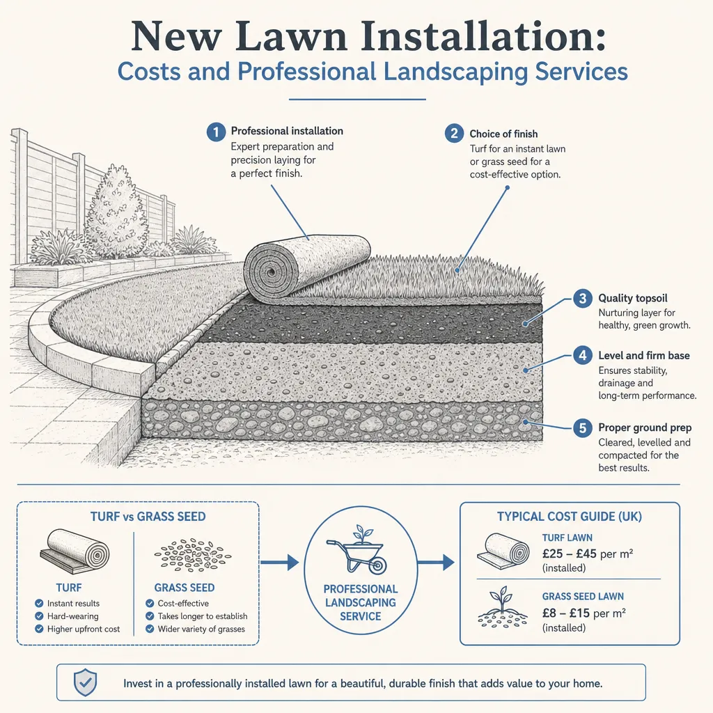 Diagram illustrating: New Lawn Installation: Costs and Professional Landscaping Services