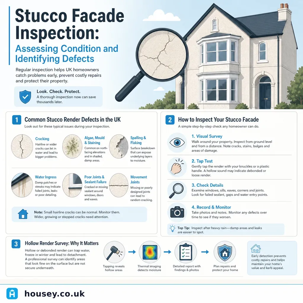 Infographic illustrating: Stucco Facade Inspection: Assessing Condition and Identifying Defects