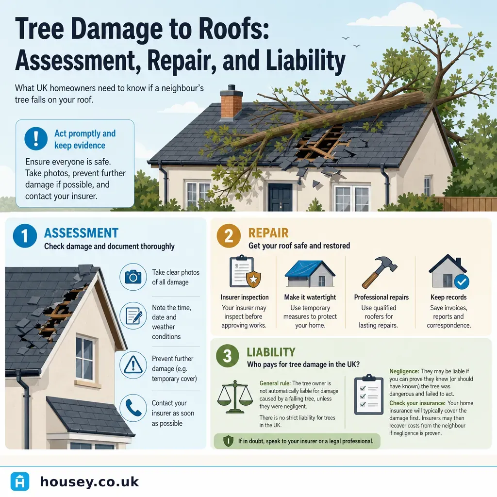 Infographic illustrating: Tree Damage to Roofs: Assessment, Repair, and Liability