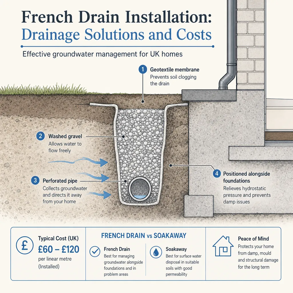 Diagram illustrating: French Drain Installation: Drainage Solutions and Costs