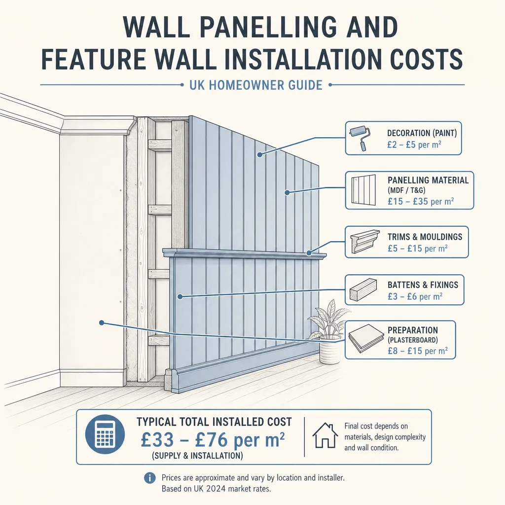 Diagram illustrating: Wall Panelling and Feature Wall Installation Costs
