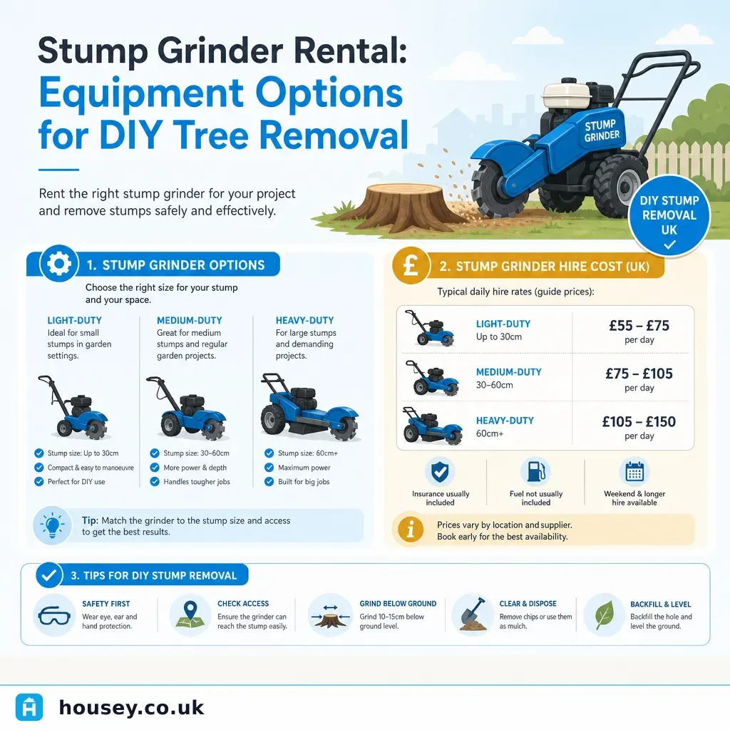 Infographic illustrating: Stump Grinder Rental: Equipment Options for DIY Tree Removal